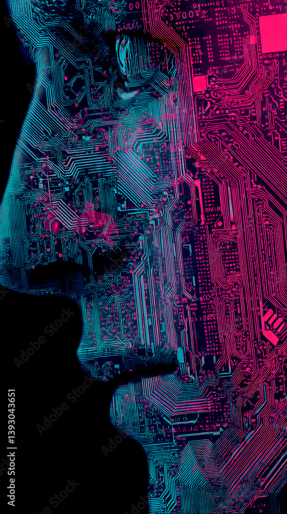 Poster profile view of a face overlaid with circuit board pattern, showcasing a blend of human and technolo