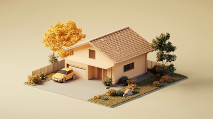 Minimalist isometric house with a yellow car, surrounded by a small garden and fence, all in warm, muted tones