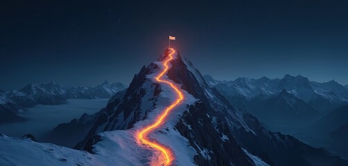 Panoramic mountain landscape with path leading to summit with flag. Concept of goal achievement business success. Glowing path at night shows mission journey. Ideal for inspirational design travel,