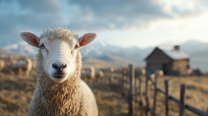 Obraz premium Sheep gazing, mountain farm, sunset