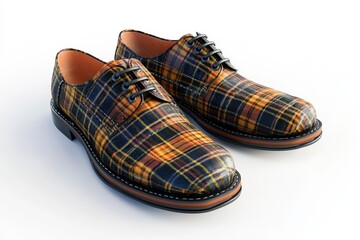 Pair of stylish lace-up shoes with bold multicolor tartan fabric pattern and contrasting black soles on a white background