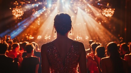  Awards ceremony crowd cheers under golden lights, people in formal attire rise clapping as spotlights sweep across excited faces