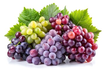 Fresh bunch of red and green grapes with leaves isolated on white background