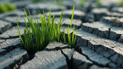 Green plants sprout from an asphalt crack, symbolizing the desire for life and existence. Close-up view of grass breaking through the asphalt.