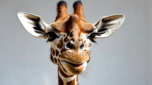 Upside down giraffe head. Curious giraffe peers down from above. Isolated on a white backdrop.