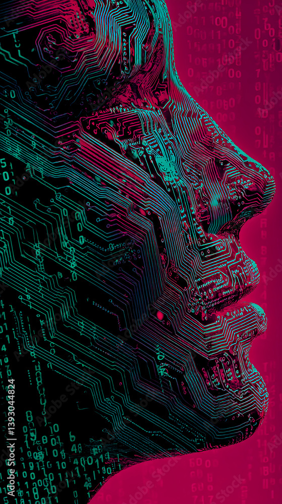 Poster profile view of a face formed from circuit board lines, teal and pink hues against a dark background