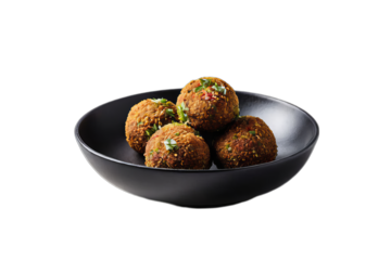Delicious falafel balls in black bowl, ready for shawarma, pita, or a nutritious snack, transparent png, suitable for menu, recipe, or blog post about middle eastern cuisine