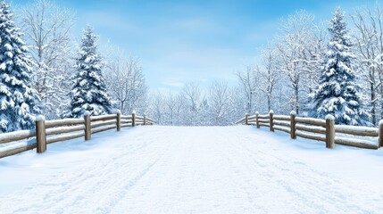 Serene Winter Landscape Snow Covered Trees and Wooden Fence under Bright Blue Sky