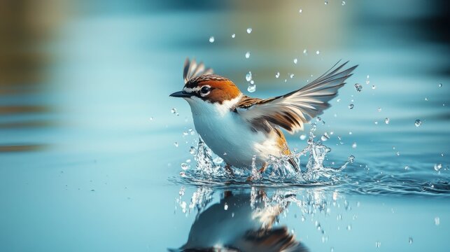 A vibrant bird splashes playfully in turquoise water, wings spread and creating a dynamic, refreshing scene. Its reflection shimmers below
