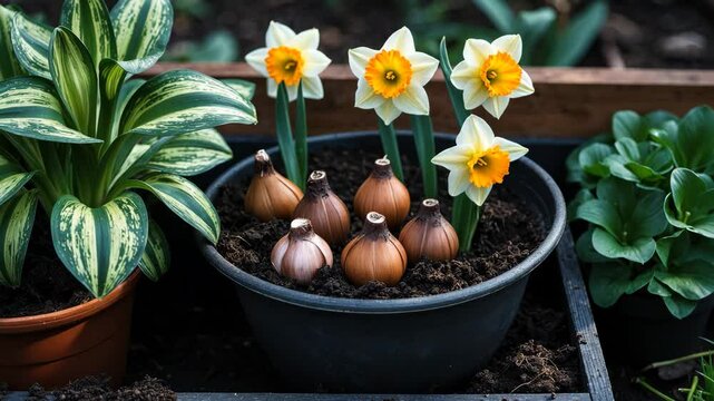 Daffodil bulbs are being planted in a pot of soil next to a cyclamen plant in a garden setting.