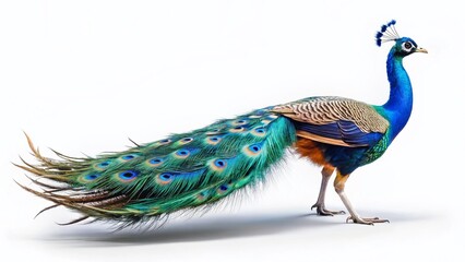 Fototapeta premium Stunning Peacock in Full Strut A Majestic Display of Iridescent Feathers Against a Crisp White Background