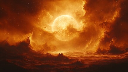 Fototapeta premium Surreal Galactic Scene Featuring Venus in a Dramatic Cosmic Landscape with Fiery Clouds