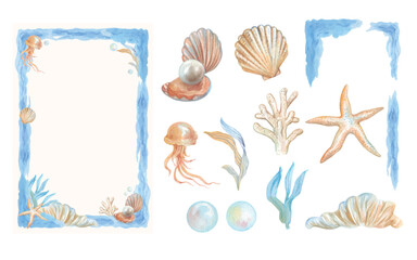 Frame vector  and ornament of Sea Life hand draw watercolor.