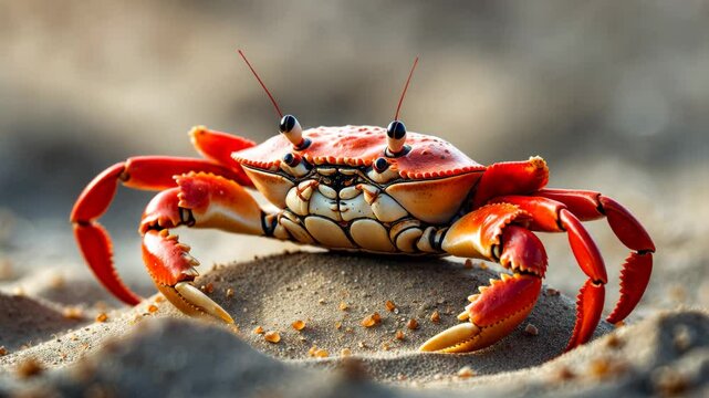 Giant scarlet crab by the coastline. Macro shot.