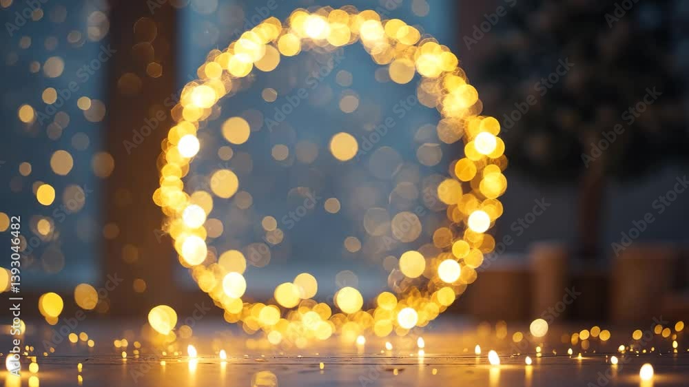Poster bokeh circles with golden sparkles background. yellow glittery surface. golden texture. opulent snow