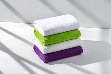 Stack of Colorful Soft Towels in Sunlight – White, Green, and Purple