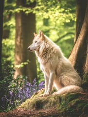 Obraz premium Majestic Dire Wolf Sitting Gracefully in Lush Green Forest