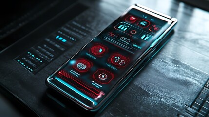 Obraz premium A high-tech smartphone with a fully immersive holographic UI, deep red and teal futuristic icons, touch-sensitive back panel responding to gestures, 