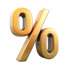 3d golden percent sign isolated on transparent background.