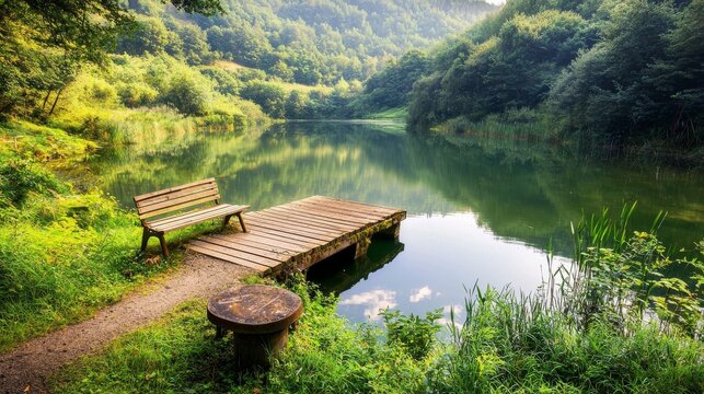 A calming lakeside image to promote mindfulness and stress management Stock Photo with space for side text