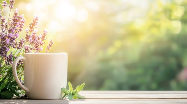 A serene cup of herbal tea signifying mindfulness and stress reduction Stock Photo with accompanying copy space