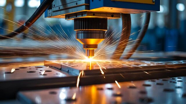 CNC Laser Industrial Backdrop Showcasing Light Sparks and Bokeh in Machinery Factory