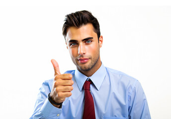 Businessman making thumbs up gesture on white background