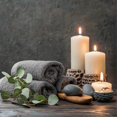 The arrangement of rolled towels, candles, and eucalyptus leaves on a wooden surface is designed to evoke feelings of relaxation and mindfulness in a spa setting