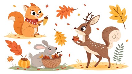 Obraz premium cartoon autumn animals collection