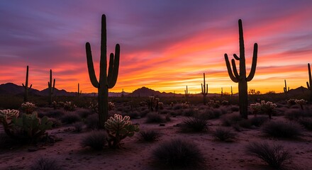 A desert landscape at dusk with colorful skies and cacti.