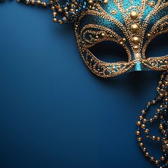 Elegant teal and gold masquerade mask adorned with beads, set against a deep blue background.  Perfect for festive occasions