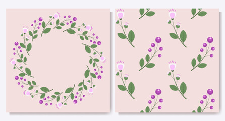 Frame and pattern of pink flowers and berries