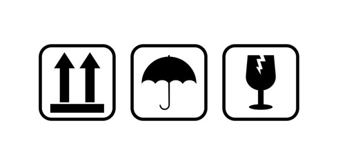 Three black and white shipping symbols indicating to keep upright dry and handle with care symbols. Common packaging & warning symbols.