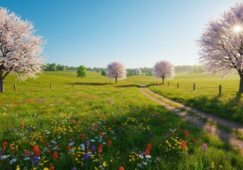 Scenic view of a blooming meadow with colorful flowers and cherry blossom trees under a blue sky