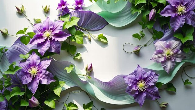 Top-down layout of flowers and leaves on a white backdrop. Empty area.