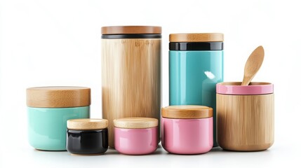 Set of colorful wooden kitchen containers with lids