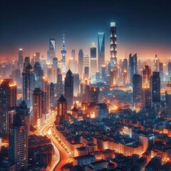 Naklejka premium A stunning night view of a vibrant city skyline, showcasing modern skyscrapers illuminated against the dark sky, perfect for urban, business, and travel-themed projects.