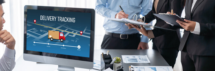 Business intelligence and data analysis concept. Analyst team working on financial data analysis dashboard on laptop screen as marketing indication for effective business strategic planning. Insight