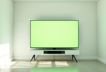 A green screen TV sits on a table in a simple room, copy space, filmmaking