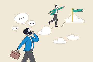 Advice or effective feedback to motivate to success, comment, opinion for career improvement, help or communication to support employee concept, businessman jump on speech bubble advice to success.
