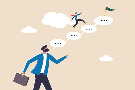 Advice or effective feedback to motivate to success, comment, opinion for career improvement, help or communication to support employee concept, businessman jump on speech bubble advice to success.