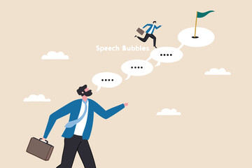 Obraz premium Advice or effective feedback to motivate to success, comment, opinion for career improvement, help or communication to support employee concept, businessman jump on speech bubble advice to success.