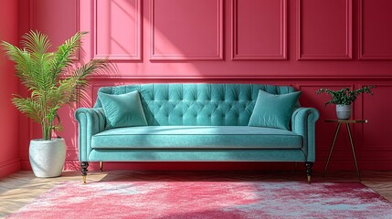 Whimsical Pastel Living Room with Mint Green Sofa and Vibrant Pink Walls