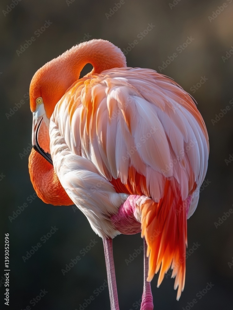 Poster elegant flamingo resting on one leg with a stunning pink and white plumage in a tranquil setting at 