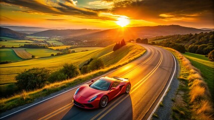 Naklejka premium Aerial View Luxury Sports Car Asphalt Road Sunset Golden Hour Photography