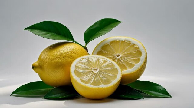 Lemon fruit without a leaf, whole lemon and half on a white background.