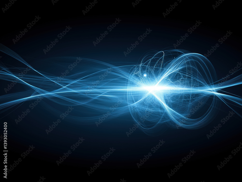 Poster bright blue energy waves merge in a dark background displaying captivating motion patterns