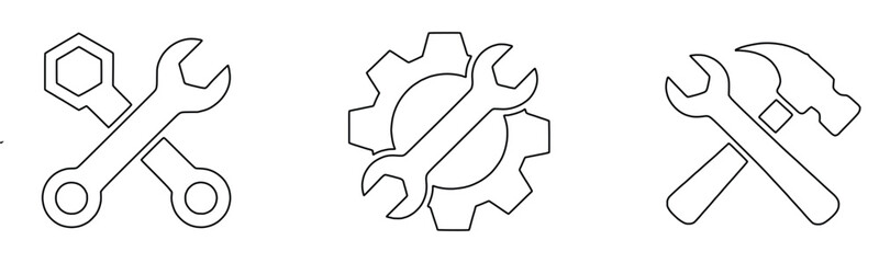 Outline Tools Spanner Hammer And Gear For Construction Or Repair Black And White
