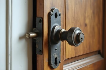 Obraz premium Vintage style doorknob on wood door. Safety concept. Old fashioned or antique door knob