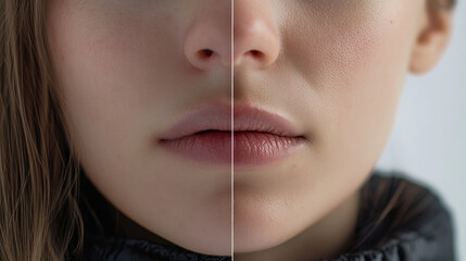 Young woman before and after treatment of dry lips, closeup